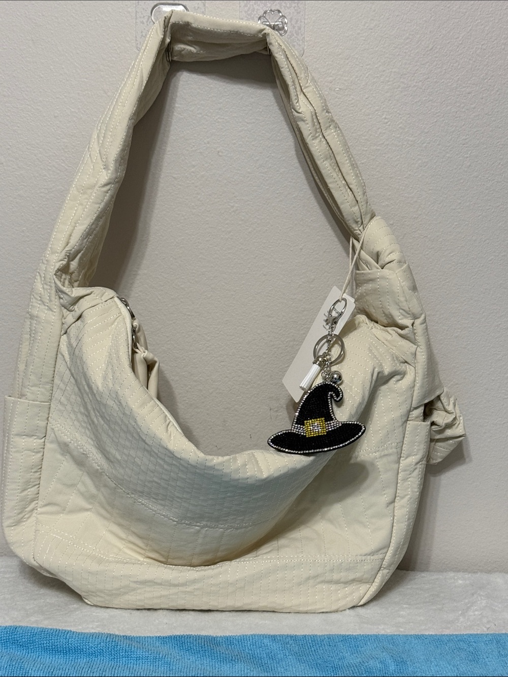 New Trend Cream Quilted X- Large Shoulder Bag with Witch Hat Charm